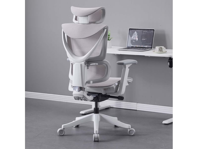  Chaise de bureau ergonomique grise en maille, réglage à trois boutons et soutien lombaire pour travail quotidien  - Conforama E