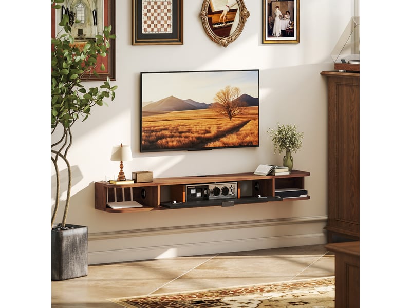  Meuble tv suspendu 140cm - porte, 2 niches, espace routeur, passe-fils - effet bois noyer noir  - Conforama D