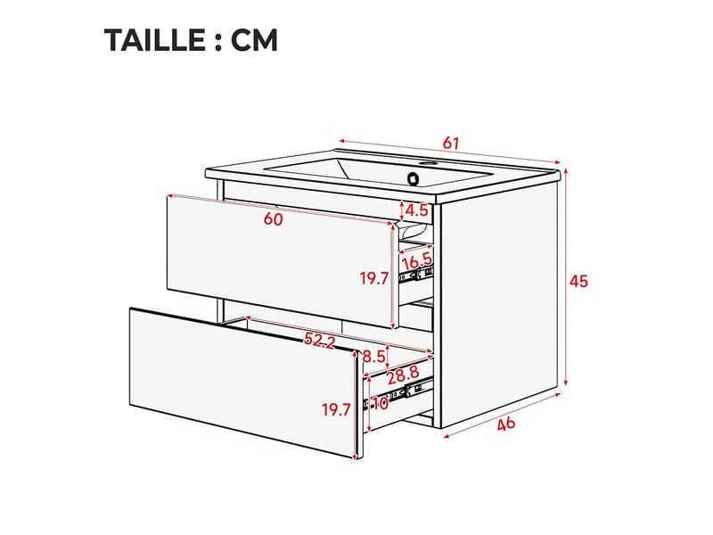  Meuble salle de bain suspendu 61 cm blanc laqué avec led capteur  - Conforama E