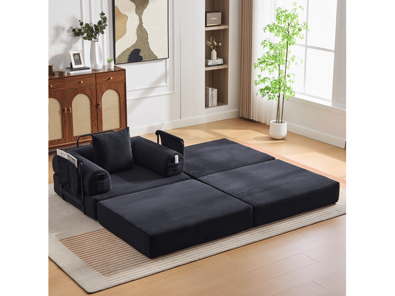  Fauteuil 1 place avec repose-pieds modulable en velours côtelé noir  - Conforama C