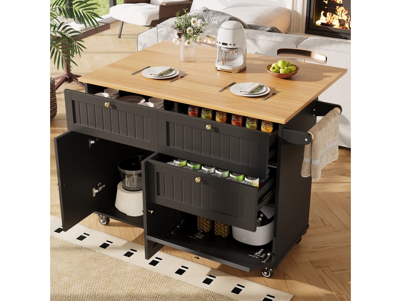  Îlot de cuisine noir extensible, meuble de rangement cuisine en mdf avec portes 3d et roulettes, 133x37.3x88cm  - Conforama C