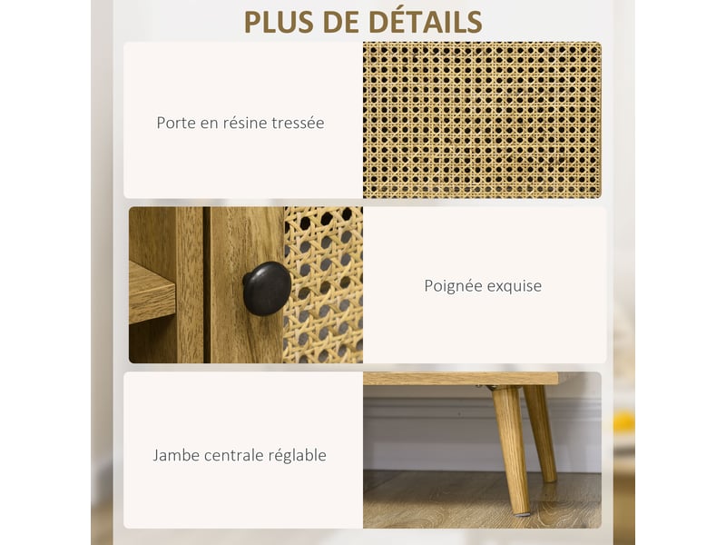 Buffet meuble de rangement armoire haut aspect bois et cannage dim. 90l x 32,5l x 120h cm - design 2 portes - Conforama E