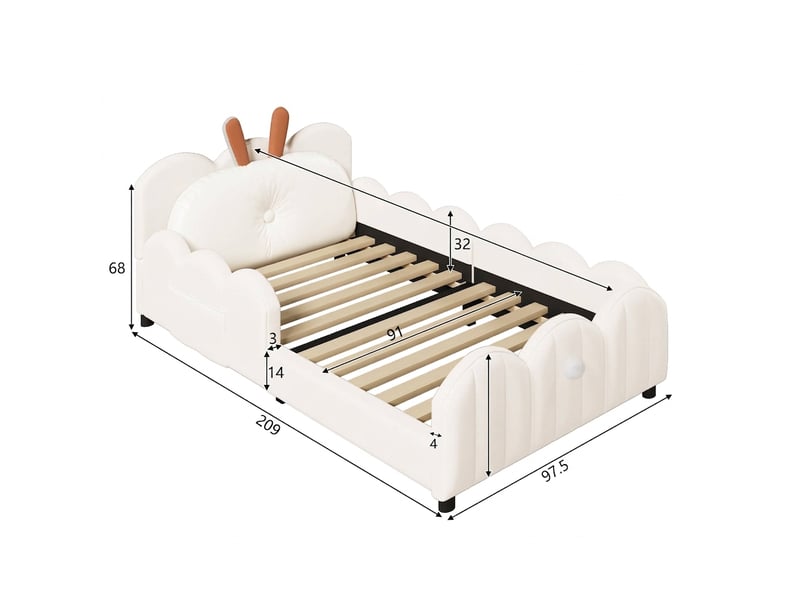  Lit plateforme capitonné 90x200 avec oreilles de lapin et barrières, beige  - Conforama E