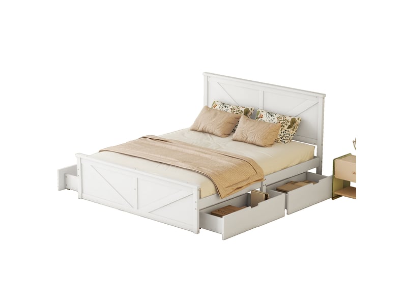 Lit double 160x200 cm - bois blanc, 4 tiroirs de rangement et sommier inclus - Conforama A
