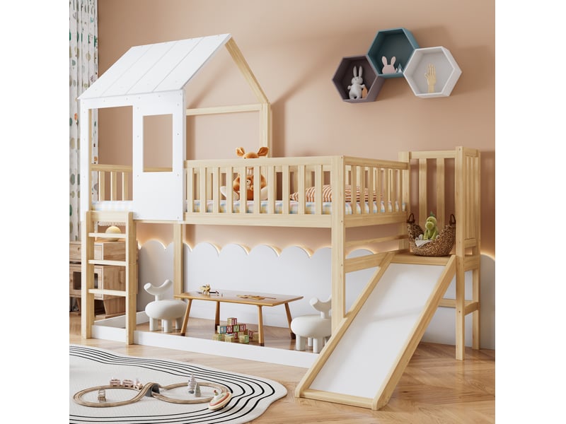  Modenvie lit mezzanine enfant 90x200 cm - avec toboggan, toit avec fenetre, sans matelas - naturel  - Conforama D