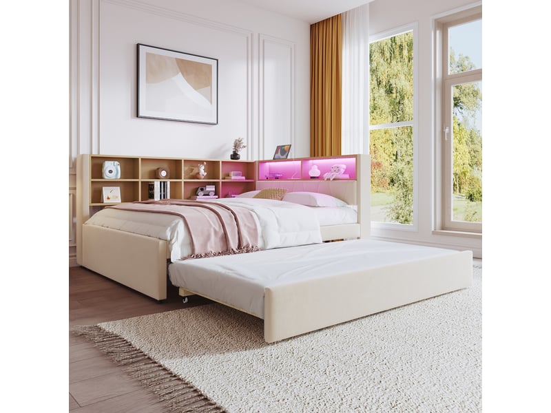  Canapé-lit simple 140x200 cm, lit gigogne 90x190, beige, équipé de lampes led et prises électriques et compartiments de rangement  - Conforama A