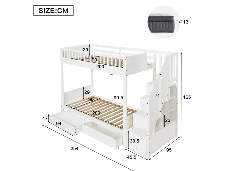  Lit superposé 90 × 200 cm enfant avec escalier de rangement, 2 tiroirs, barrières de sécurité, en bois blanc, chambre  - Conforama C