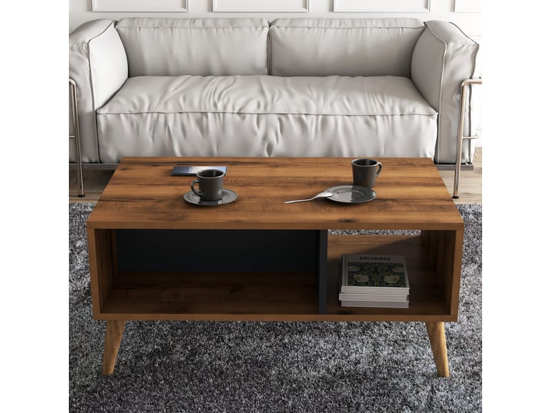  Table basse avec rangement décor noyer et anthracite l 90 cm, 2 niveaux, pieds en bois  - Conforama C