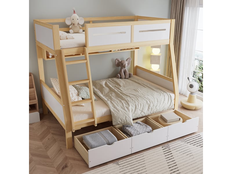  Lit superposé 90120x200 cm avec trois tiroirs, lit enfant avec étagère à livres de 2 m, cadre de lit en pin, blanc + naturel  - Conforama C