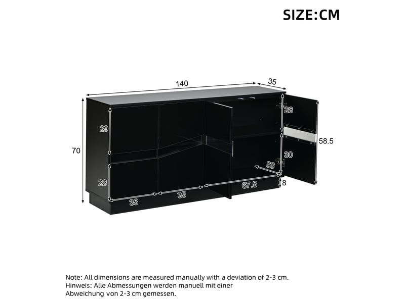  Buffet bas 140x35x70 cm à 4 portes led noir brillant  - Conforama C