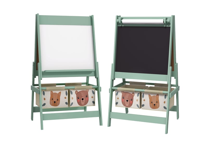  Tableau chevalet enfant ardoise double face tableau à craie rouleau papier 2 paniers vert 54 x 46,5 x 93 cm  - Conforama B