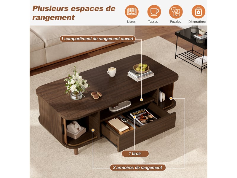Table basse ovale 100×50×35cm table basse salon table d'appoint moderne en bois avec 2 portes coulissantes 1 tiroir, noyer - Conforama R