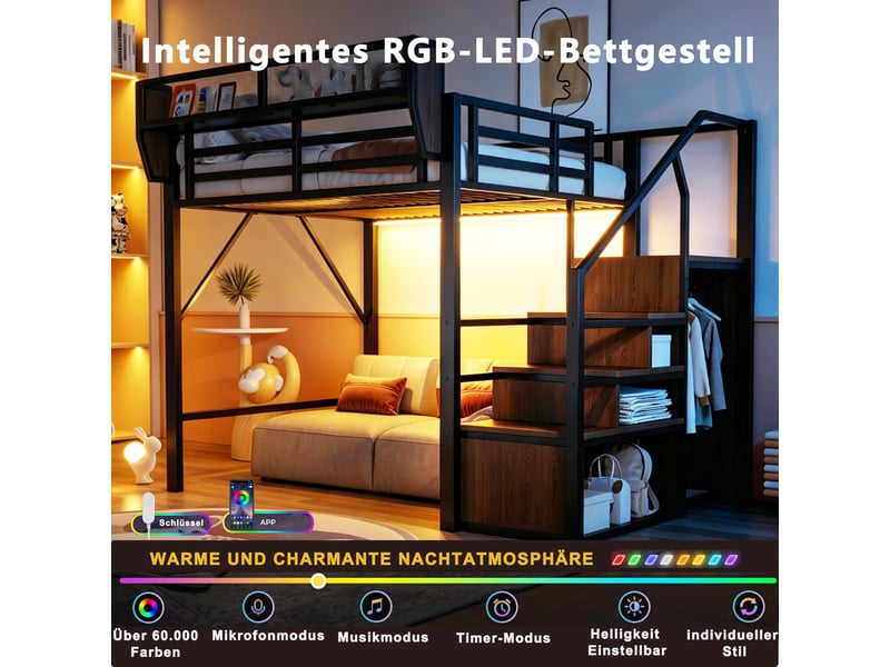  Lit mezzanine 140x200 cm en métal - échelle de sécurité - rangement flexible - bandeau led multicolore - noir  - Conforama E