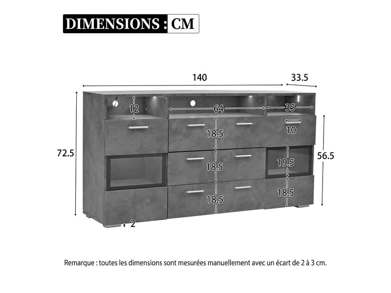  Buffet moderne gris 140 cm avec éclairage led et portes en acrylique transparent  - Conforama C