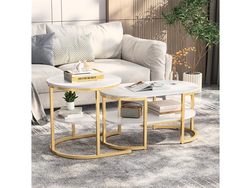  Lot de 2 tables basses gigognes 80x45x38cm et ø50x50cm - plateau effet marbre blanc - structure en métal doré  - Conforama C
