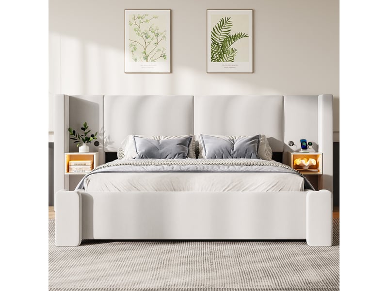  Lit coffre 140 × 200 cm beige en lin, avec rangement hydraulique, chevets latéraux, étagères et rangements  - Conforama C
