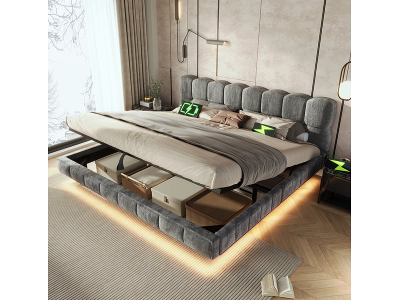  Lit coffre 180x200 cm led bois gris sans matelas  - Conforama B