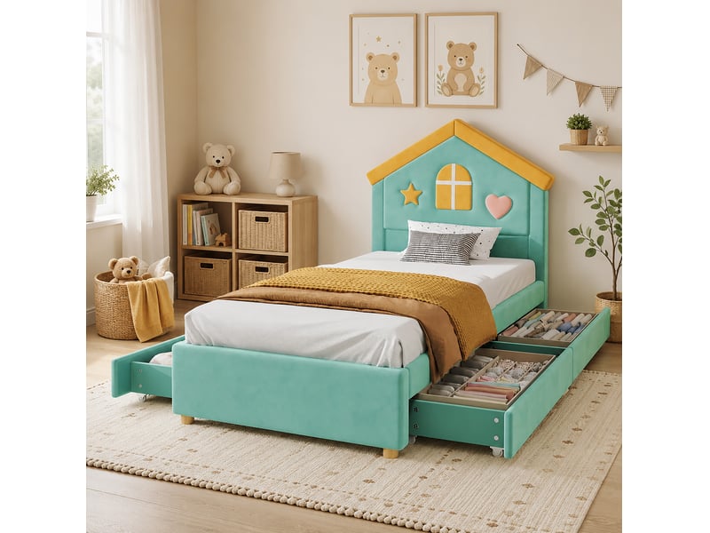  Lit simple enfant 90x200 cm – bleu vert – tête de lit maison rembourrée avec 4 tiroirs et sommier à lattes  - Conforama D
