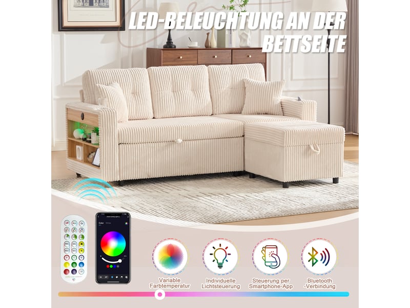 Canapé convertible en velours côtelé avec rangement, lit d'appoint, port usb-c et éclairage led pour salon - Conforama E