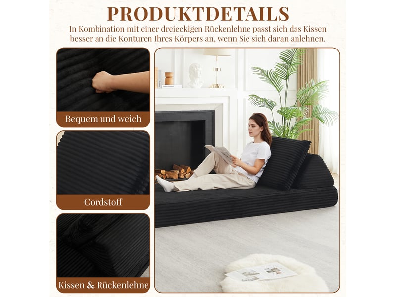 Canapé modulaire avec dossiers mobiles  - accoudoirs amovibles velours côtelé noir 211,5 × 106,5 × 62 cm  - Conforama E