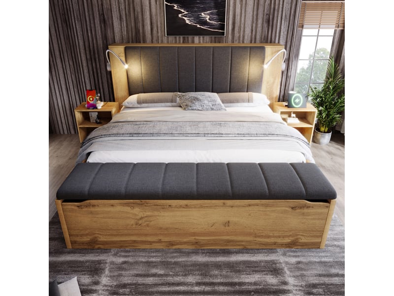  Lit 160x200 avec rangement, chevets, banc coffre et matelas evryae  - Conforama D
