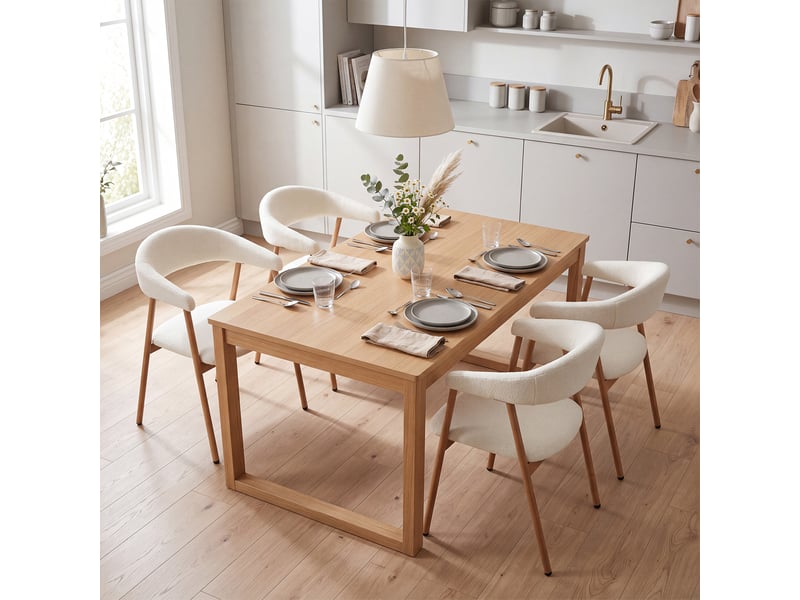 Chaises de salle à manger lot de 4 rembourrée en chenille, pieds en métal effet bois, beige - Conforama C