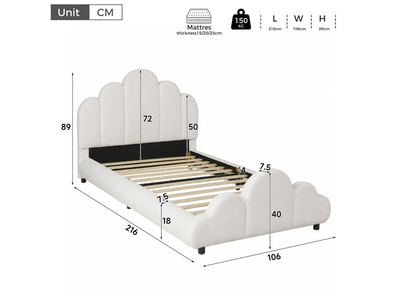  Lit enfant 90 x 200 cm en bouclé beige avec sommier et tête de lit rembourrée  - Conforama C