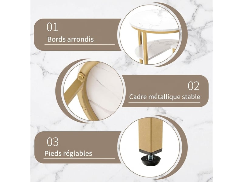 Lot de 2 tables basses gigognes à 2 niveaux – table d'appoint effet marbre blanc et pieds en métal doré– ovale 80x46 cm et ronde ø52 cm  - Conforama C
