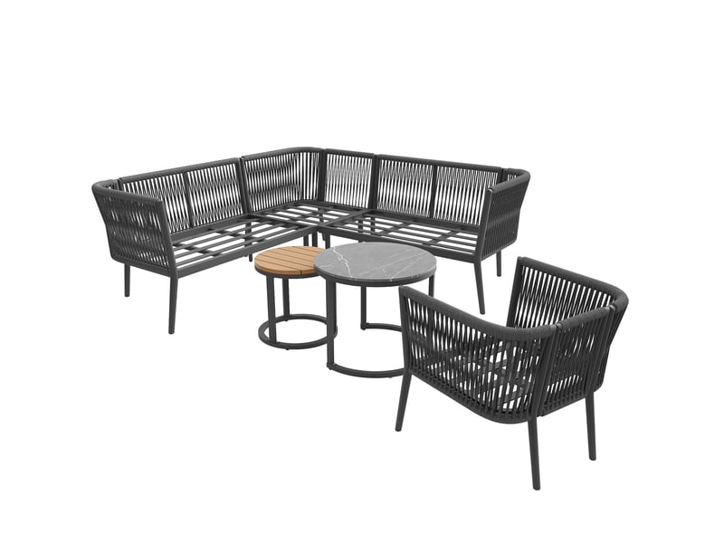  Salon de jardin modulable 6 pièces gris en métal et oléfine, 2 canapés, fauteuil, module d'angle et tables  - Conforama D