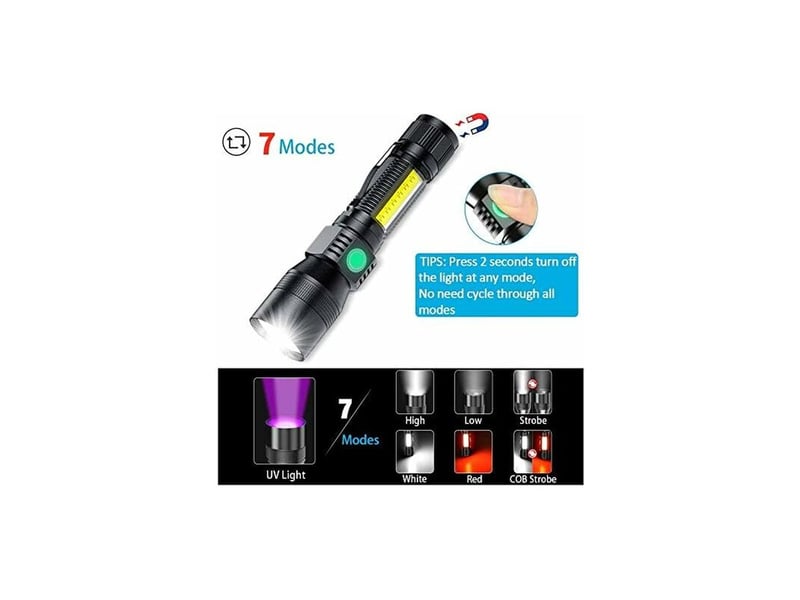  Lampe de poche uv 3 en 1 - lampe de poche led rechargeable par usb - zoomable magnétique - lampe de travail  étanche cob - 7 modes - détecteur d'urine  - Conforama D