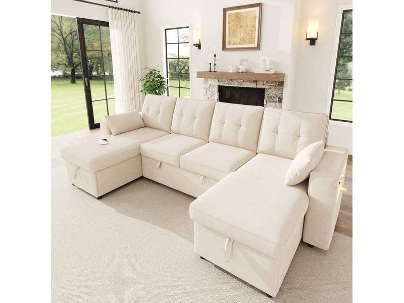  Canapé d'angle panoramique convertible 4 places 273x131x83 cm chenille beige  - Conforama E