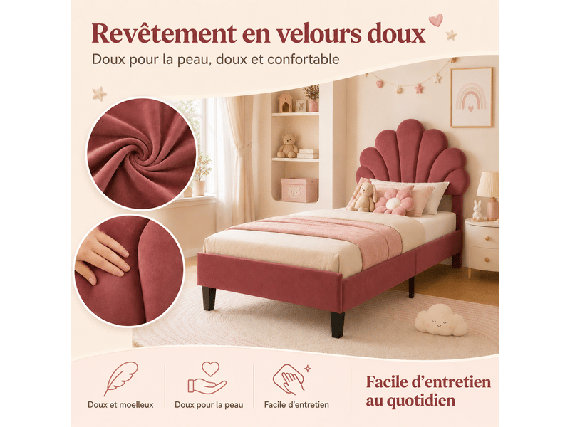 Lit enfant rembourré 90x200, lit simple avec tête de lit en forme de fleur et sommier à lattes, lits 1 personne pour fille adolescent, velours, sans matelas, bordeaux - Conforama E