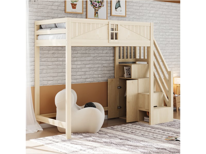  Lit mezzanine enfant 90x200 cm, barrière avec fenêtre, échelle réversible avec rangement latéral, pin, contreplaqué et mdf, effet bois OMNIGLINT TRADING LTD - Conforama B