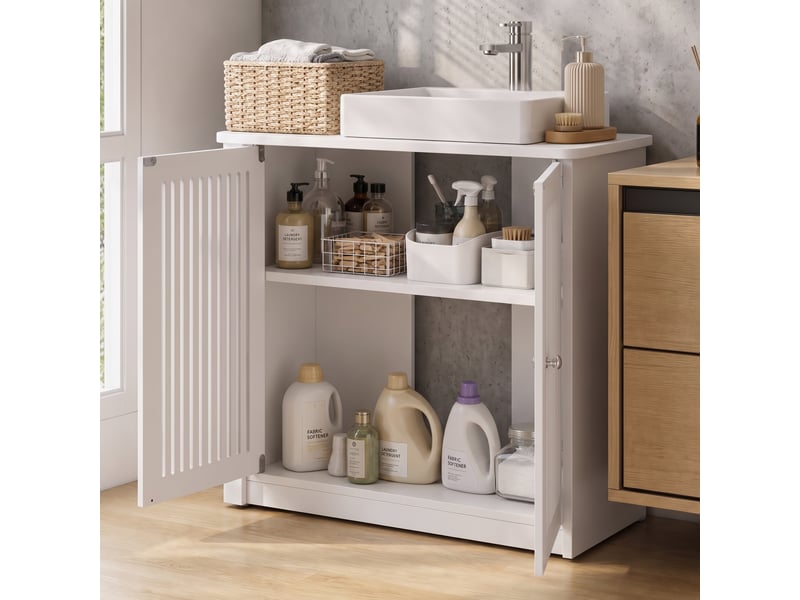  Meuble sous vasque blanc sans lavabo, 2 portes à lamelles, étagère réglable, 60 x 30 x 60 cm  - Conforama D