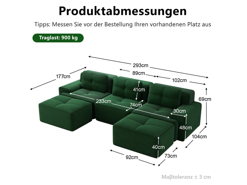  Canapé modulable en u 3 places en velours côtelé vert, sans montage, pour un salon convivial et confortable  - Conforama C