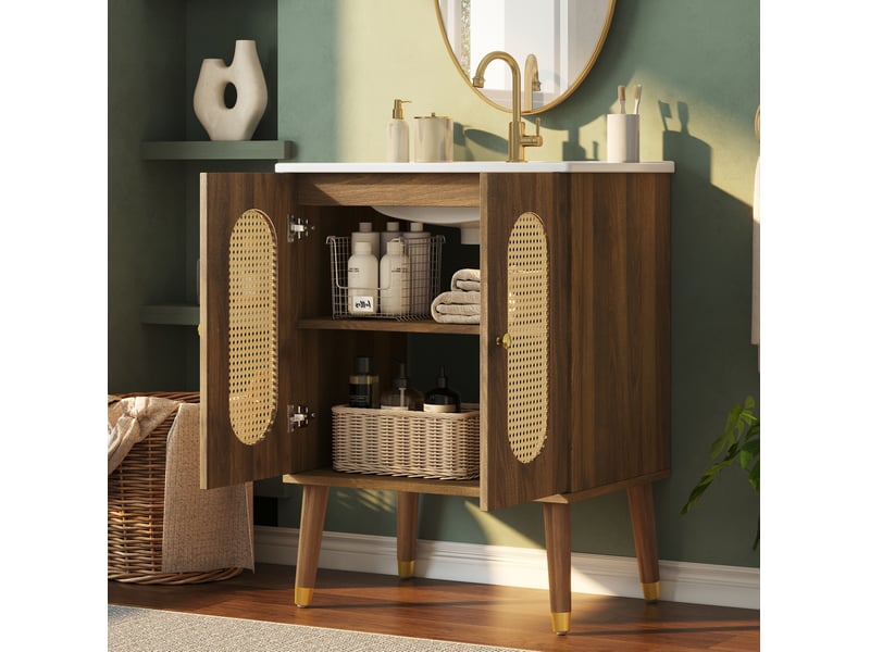 Meuble sous vasque 61x47x89 cm en mdf finition noyer avec vasque en céramique - Conforama D