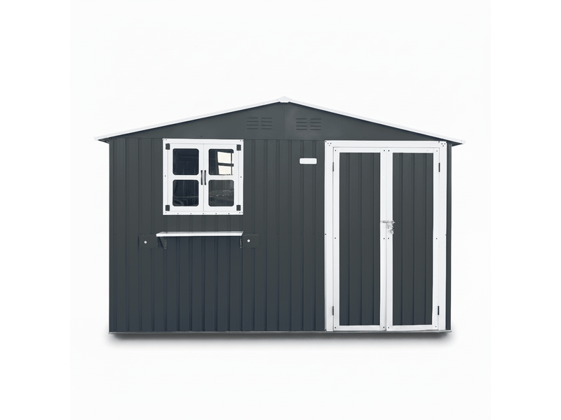  Abri de jardin métal 7m2 gris anthracite, cabanon acier galvanisé étanche avec fenêtres et portes verrouillables, 313x255cm  - Conforama A