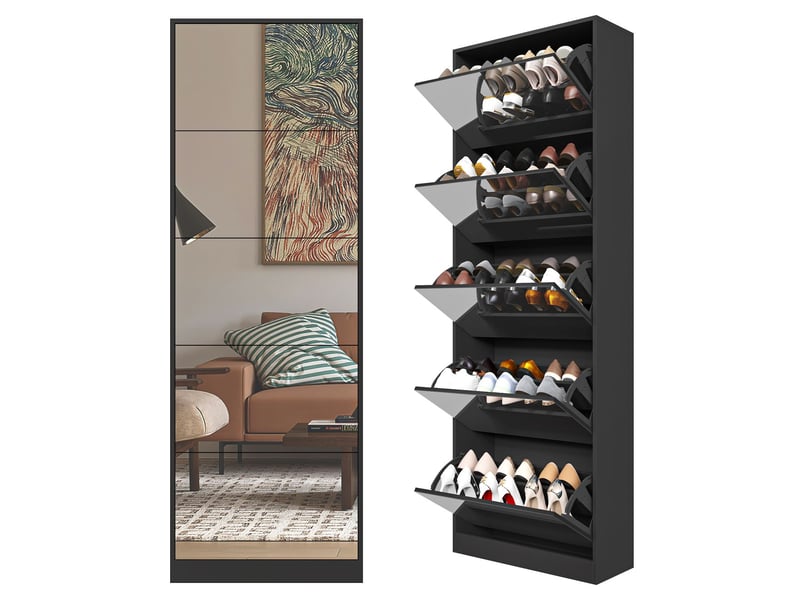  Armoire à chaussures 5 tiroirs rabattables façade miroir rangement double niveau structure autoportante finition noire  - Conforama B