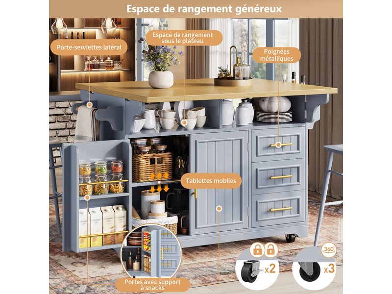 Îlot de cuisine mobile 120x40-80x95 cm, avec plateau rabattable, 3 tiroirs, étagères réglables, porte-serviette - bleu - Conforama D