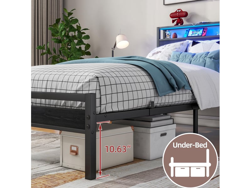  Lit métal 90 × 200 cm 1 place avec rangement, usb, prise et éclairage led, sans matelas, noir  - Conforama E
