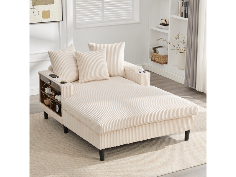 Canapé lounge 1 place 129x170x70 cm, chaise longue en velours côtelé beige, led, usb, rangement, 2 porte-gobelets, poche latérale, 3 coussins - Conforama E