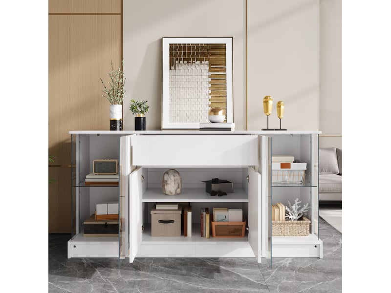  Buffet bas 150x40x75 cm avec vitrines en verre, éclairage led, panneau de particules, coloris blanc haute brillance  - Conforama D