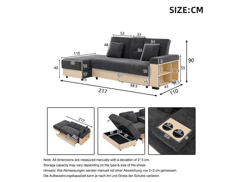  Canapé convertible 3 places 217 cm avec dossier réglable 3 positions, pouf coffre, 2 tiroirs, porte-gobelets, chenille gris  - Conforama C