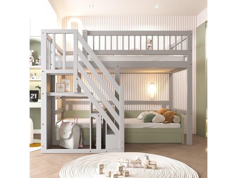  Lit superposé enfant 90x200 cm, avec compartiment de rangement, garde-corps, un seul sommier, pin gris, sans matelas  - Conforama B