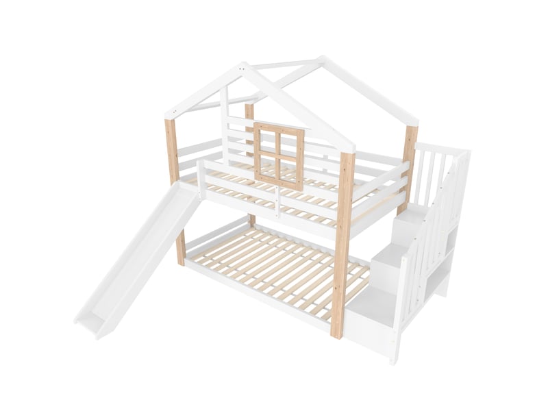 Lit superposé enfant scandinave avec rangement, bois massif, blanc - Conforama E
