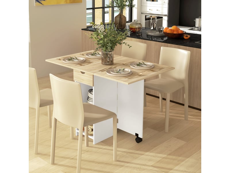  Table de cuisine pliante à roulettes avec accoudoirs rabattables, tiroir et étagères pour 2 à 4 personnes, 120 x 72 x 75 cm, chêne et blanc  - Conforama D