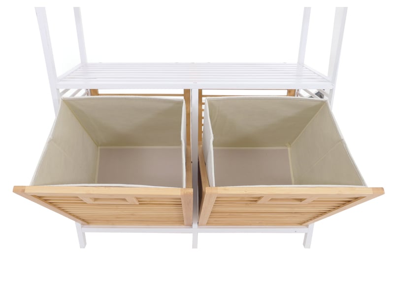  Armoire de salle de bains en bambou hwc-n83, armoire de salle de bains avec étagères, 2 paniers à linge, 4 tablettes, mvg 168 x 81 x 33 cm - blanc naturel, panier naturel  - Conforama D