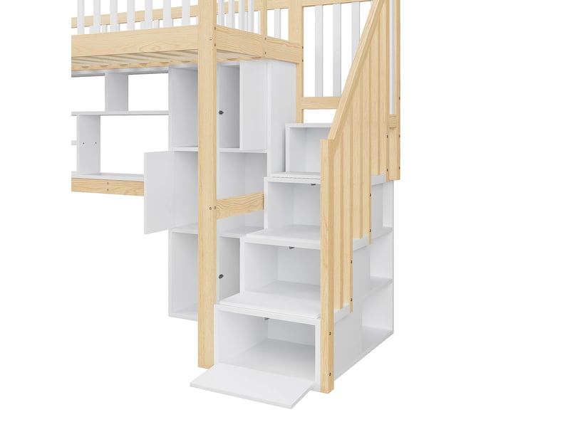 Lit mezzanine 90 x 200 cm avec bureau, rangements et led, en pin et mdf, blanc et naturel pour chambre enfant - Conforama W