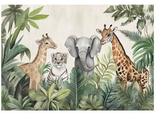 Papier peint panoramique intissé jungle animaux vert - 350x250 cm - papier peint enfant