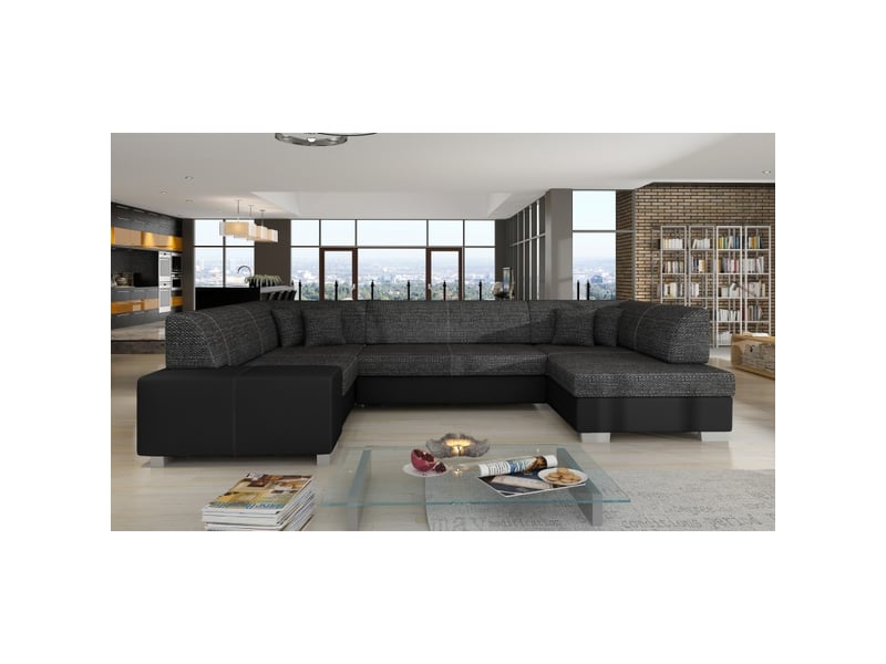  Canapé panoramique en u gris foncé &amp; noir convertible 6 places havane avec 4 coussins  - Conforama B